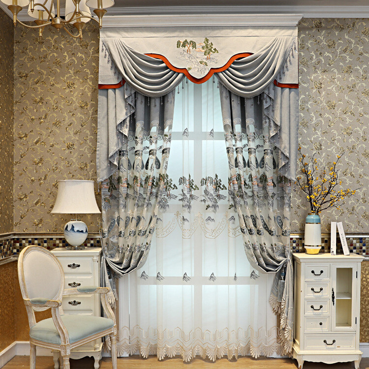 Custom Chinese landscape embroidery simple grey cloth curtain valance drape C973