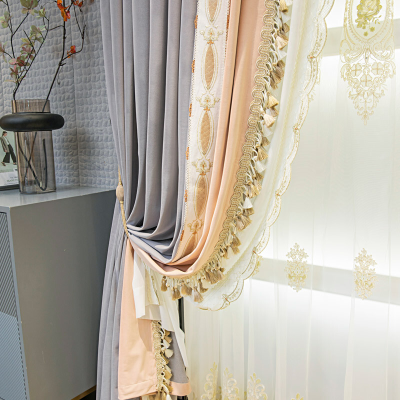 French pink gray patchwork velvet cloth blackout curtain tulle panel drape C1260