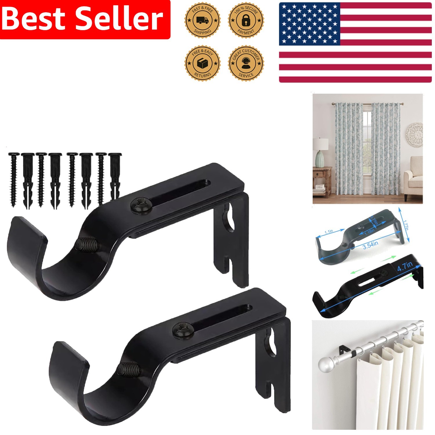 Curtain Rod Brackets 2 Pack 1 Inch Adjustable Heavy Duty Wall Mount Holders B…