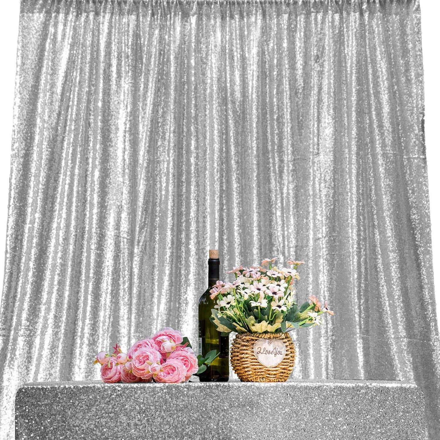2ft x 8ft Silver Sequin Backdrop Curtains 2 Panel Glitter Photo Booth Drapes