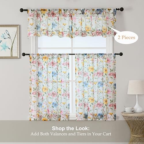 Floral Sheer Valances for Windows – Pink 42″W x 14″L (Pack of 2) Multi Color