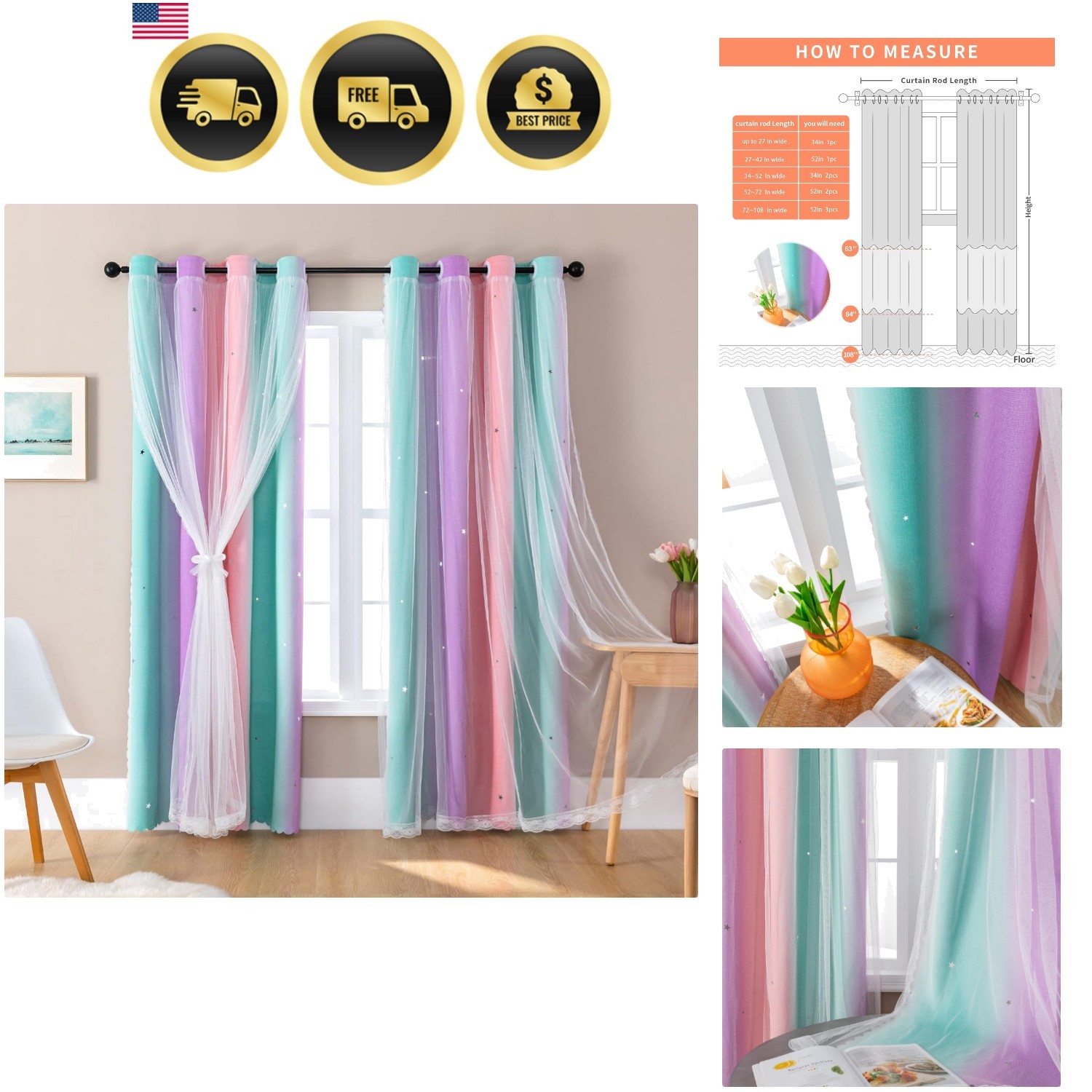 Curtains for Girls Bedroom Decor, Rainbow Blackout Curtains for Kids/Little G…