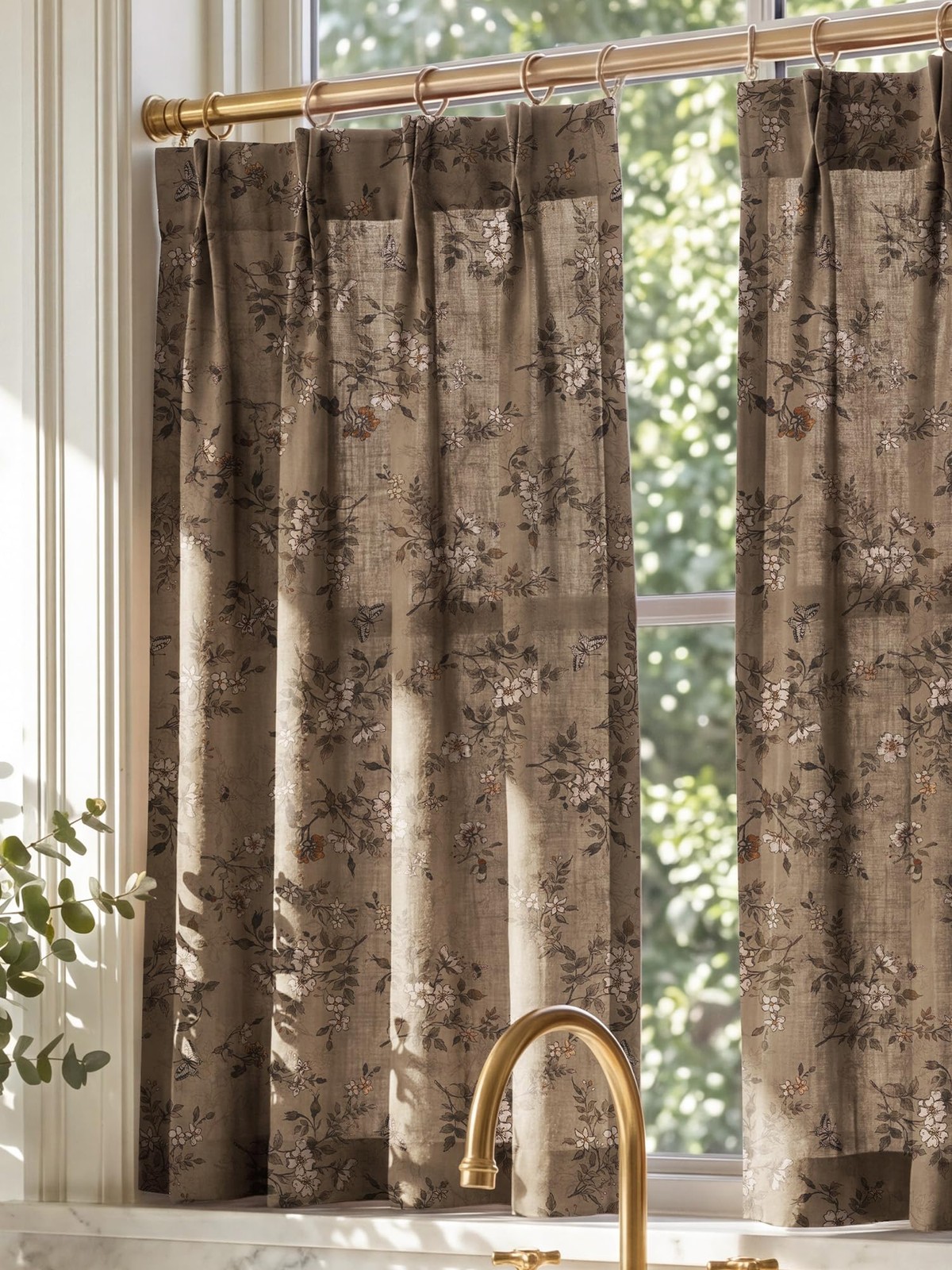Pinch Pleated Cafe Curtains 36 inch Length, Khaki Floral Print