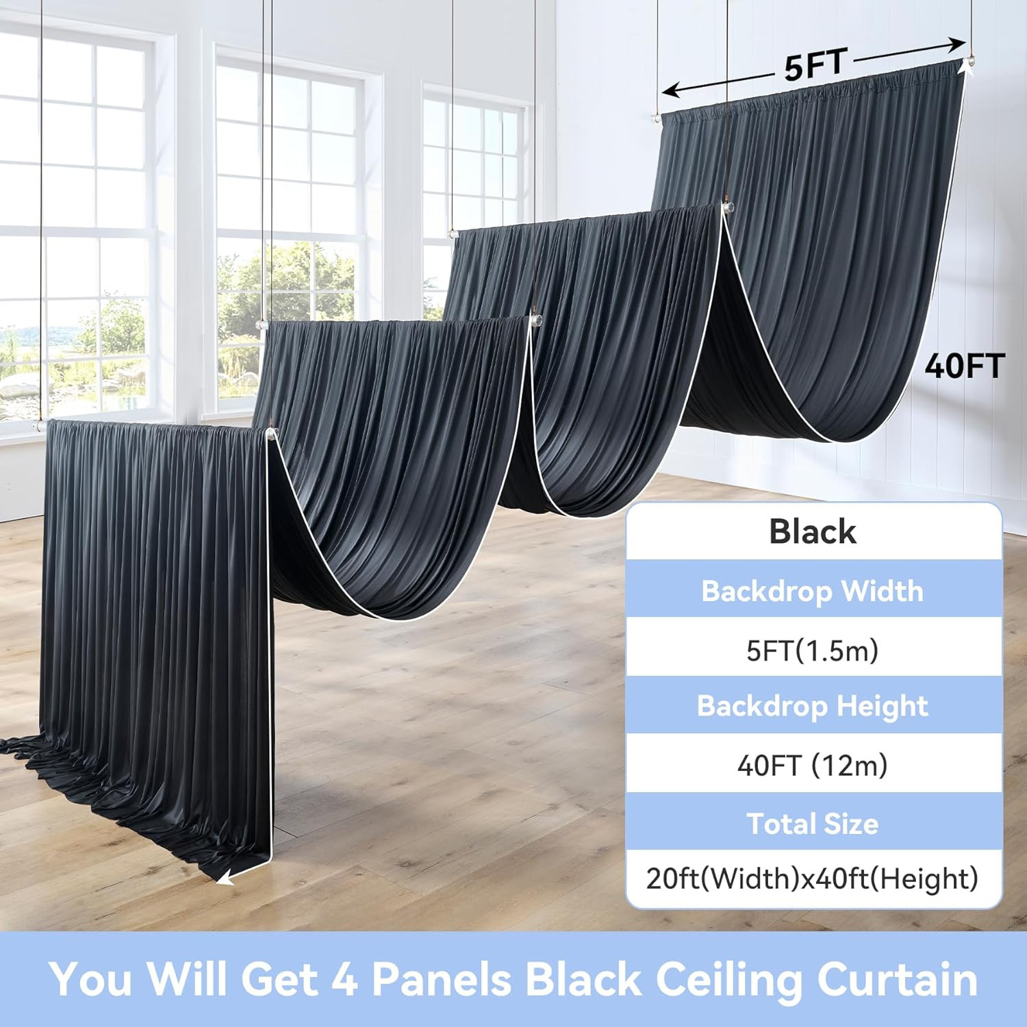 Black Ceiling Curtain Panels 20x40ft for Weddings & Parties, 4 Drapes