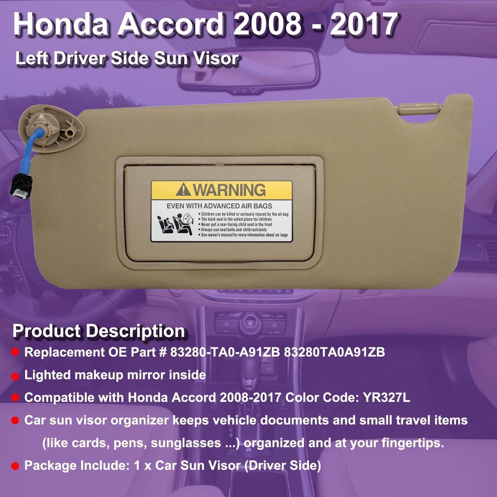 Left Driver Side Sun Visor Compatible with Honda Accord 2008-2017 Beige