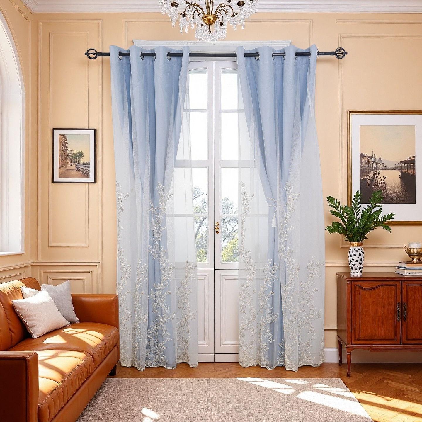 2 Panels 52x63inch Double Layer Curtains with Embroiered Sheer, Grommet Drapes