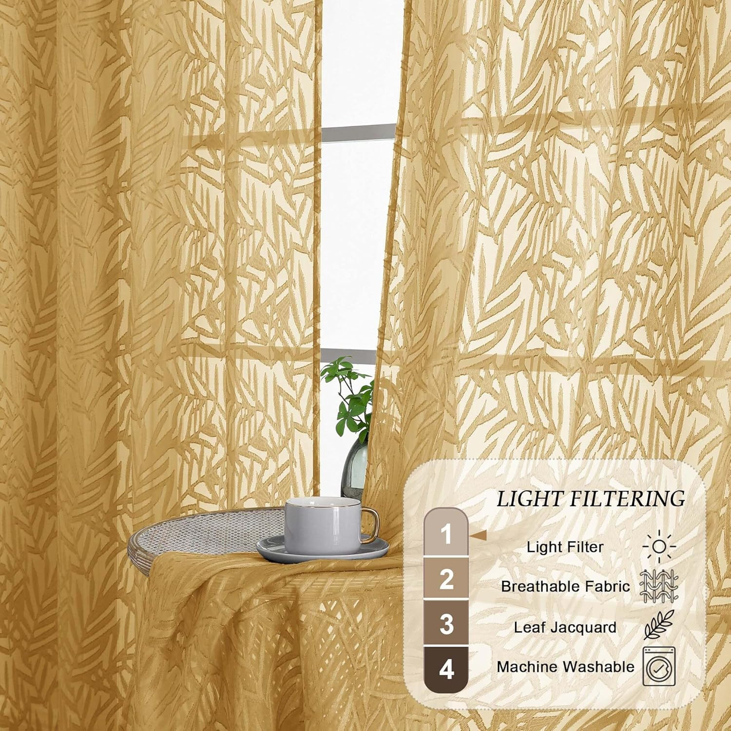 Extra Wide Gold Sheer Curtains 108 Inches Long 2 Panels Set, Leaf Lightweight T