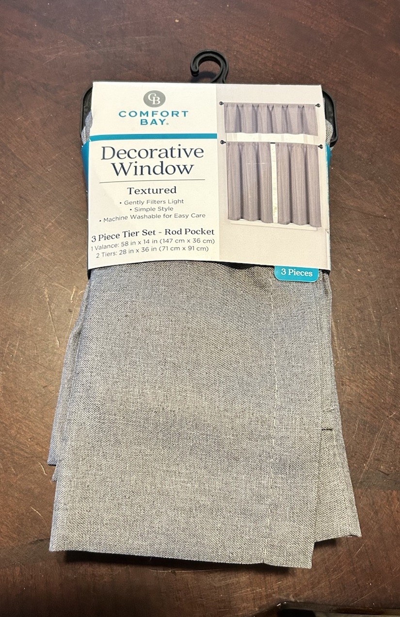 Comfort Bay Textured 3 Piece Tier & Valance Set Gray Easy Care 100% Polyester