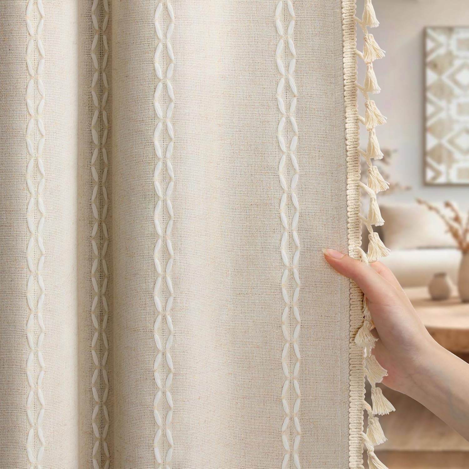 Boho Blackout Curtains 2 Panels 84 Inch for Living Room Bedroom, Beige Linen Tex