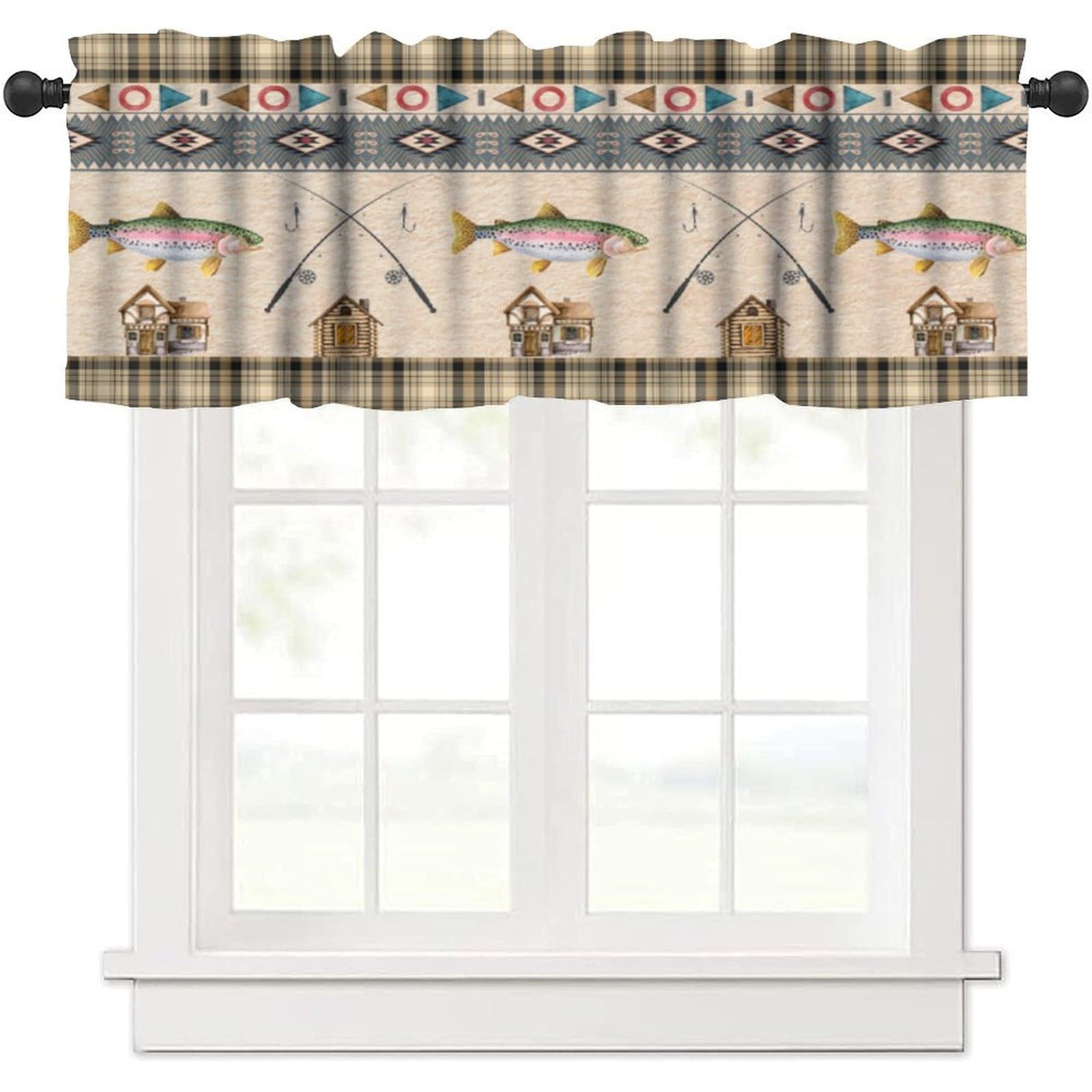 Rustic Farmhouse Kitchen Valances Curtain,Country Style Cabin Fishing Theme R…