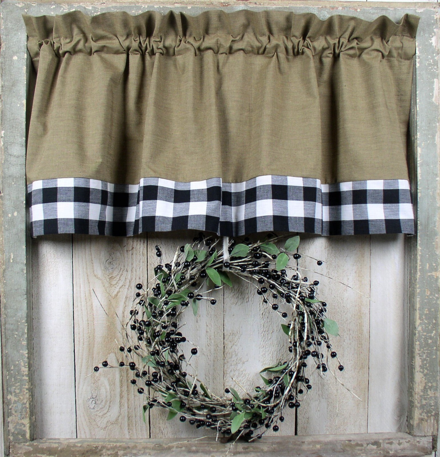 Black and White Buffalo Check Bordered Khaki Valances Homespun Farmhouse Valance