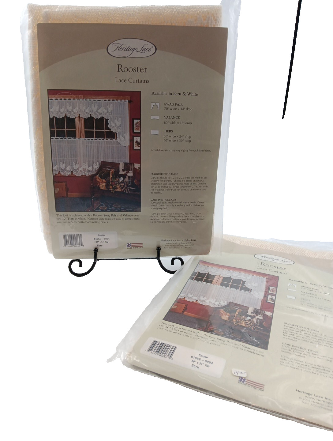 2 Curtains Heritage Lace Rooster Lace Tier 60″ x24″ Cream 6195E 6024 Sealed