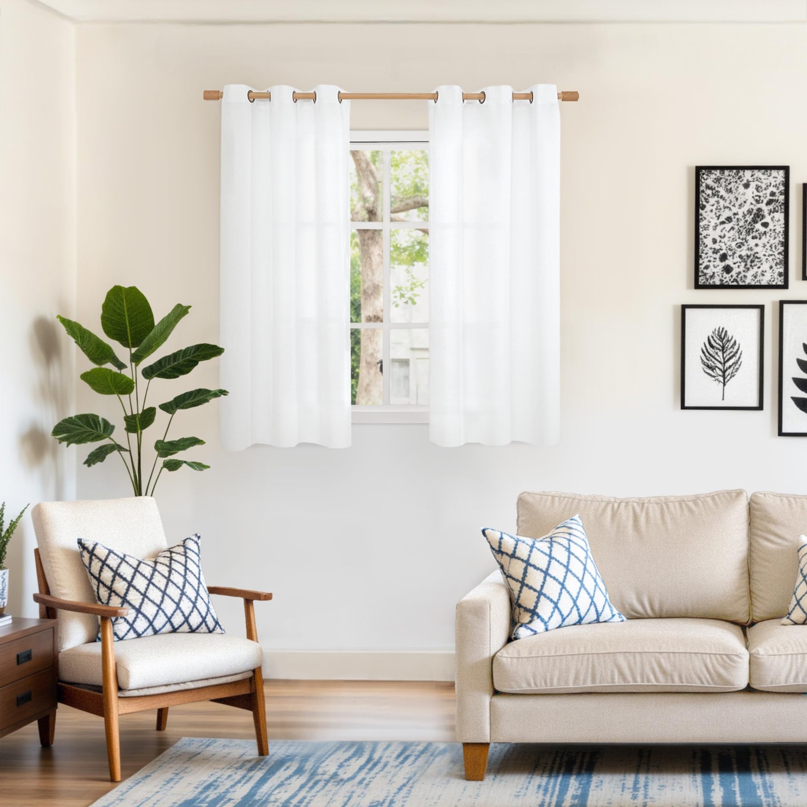 48 Inch Length White Linen Curtains, Short Light Filtering Drapes with Bronze…