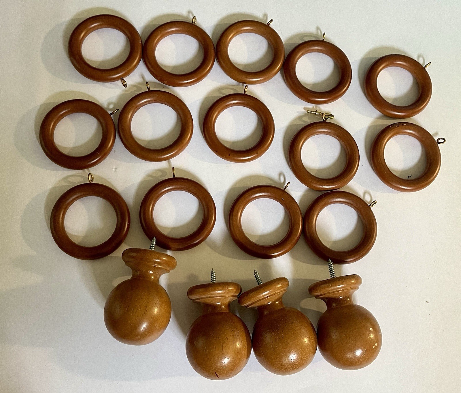 14 MCM Warm Wood 2 3/4“ Curtain Drape Rings Hooks & 4 Knobs Hold Backs