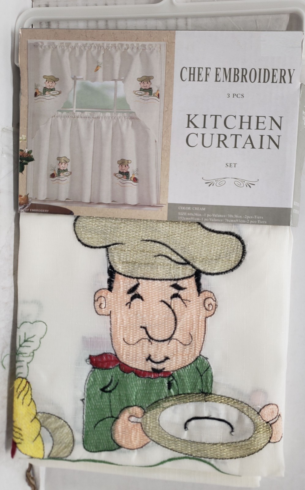 3 pc. Embroidery Curtains Set: 2 Tiers & Swag, FAT CHEF W/ SOUP PLATE, Mys