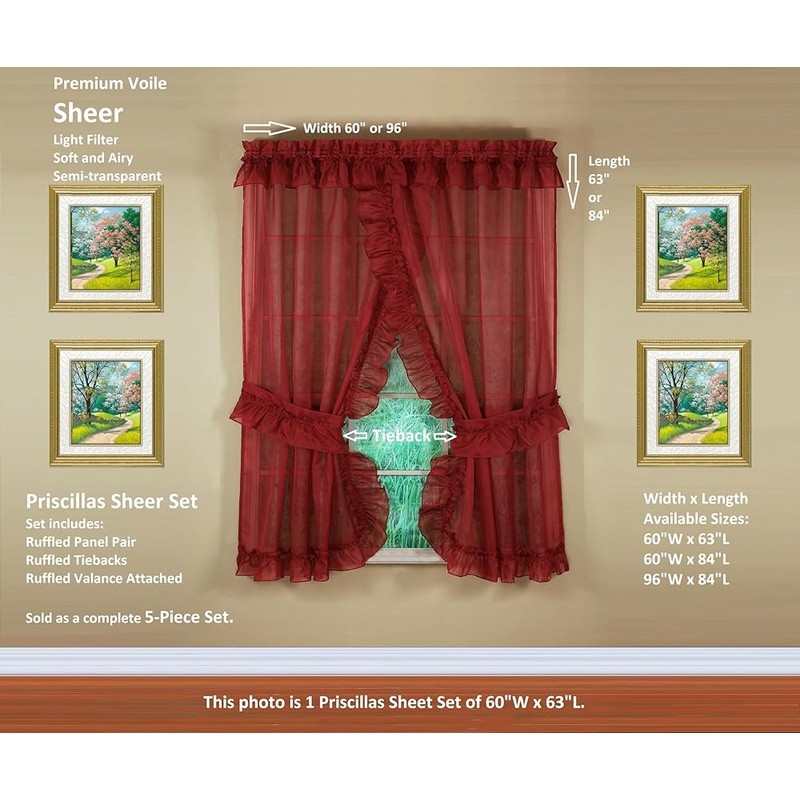 Premium Voile Sheer Ruffled Curtain Set W/ Tiebacks Valance 2 Panels 5 Pieces US