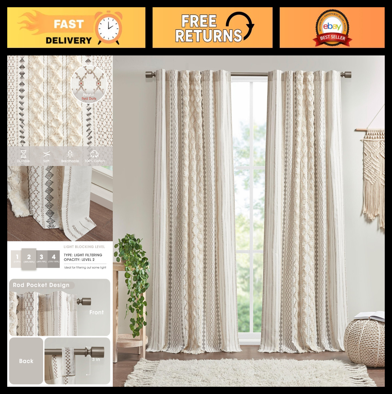 100% Cotton Tufted Chenille Stripe Curtain Panel – Mid-Century Geometric Design,