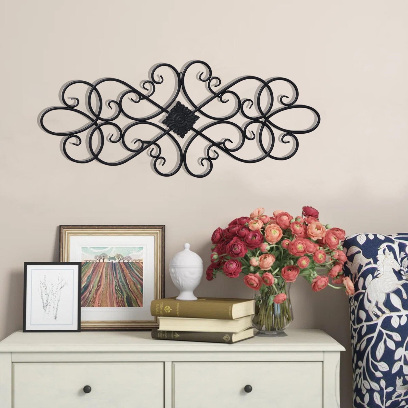Black Wrought Iron Wall Decor 32″ X 13″, Hanging Flower Scroll Metal Wall Art De