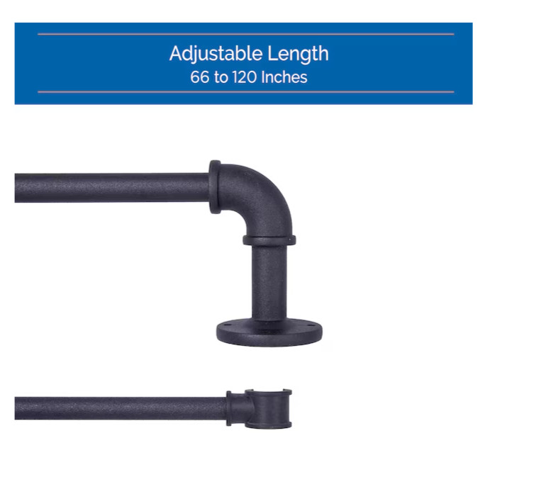 Sun Zero Bronn Industrial 66in-120in Matte Black Steel Double Curtain Rod