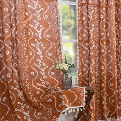 Boho Curtains for Living Room 63 Inches 52″W x 63″L (Pack of 2) Terracotta