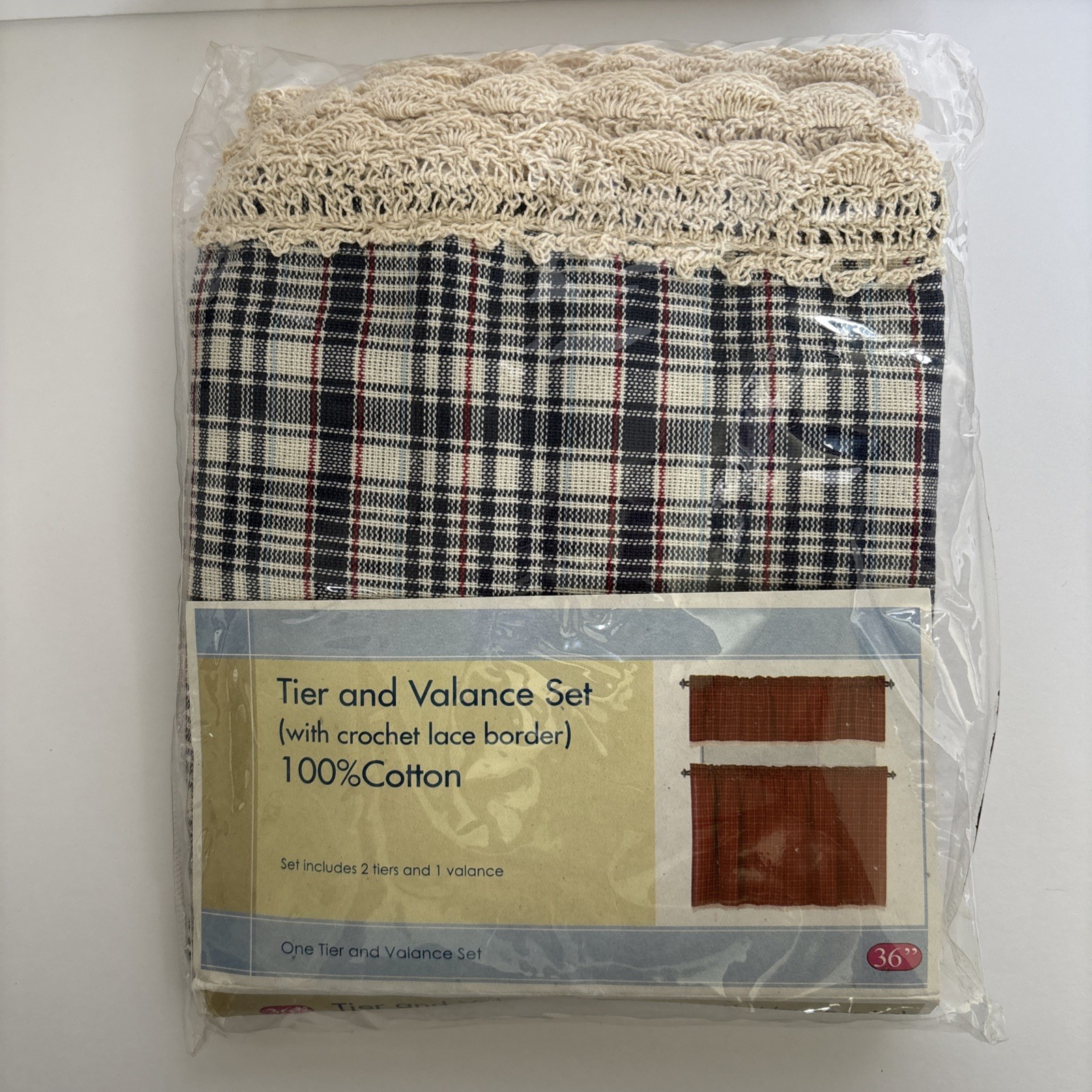 Cottage Core 2 Tier and 1 Valance Set 36” Plaid Crocheted Lace Border Farmhouse