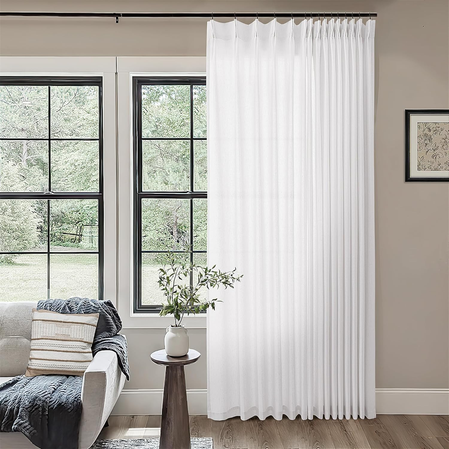 Extra Wide 96″ Pleated White Linen Curtains for Patio Sliding Door
