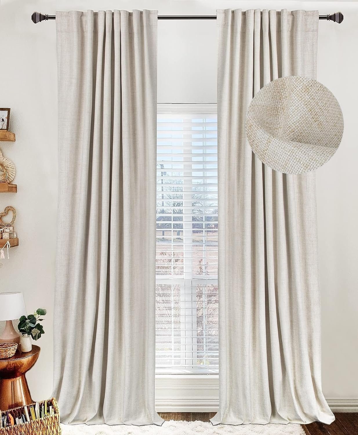 100% Blackout Shield Linen Blackout Curtains for Bedroom 108 Inches Long, Back T