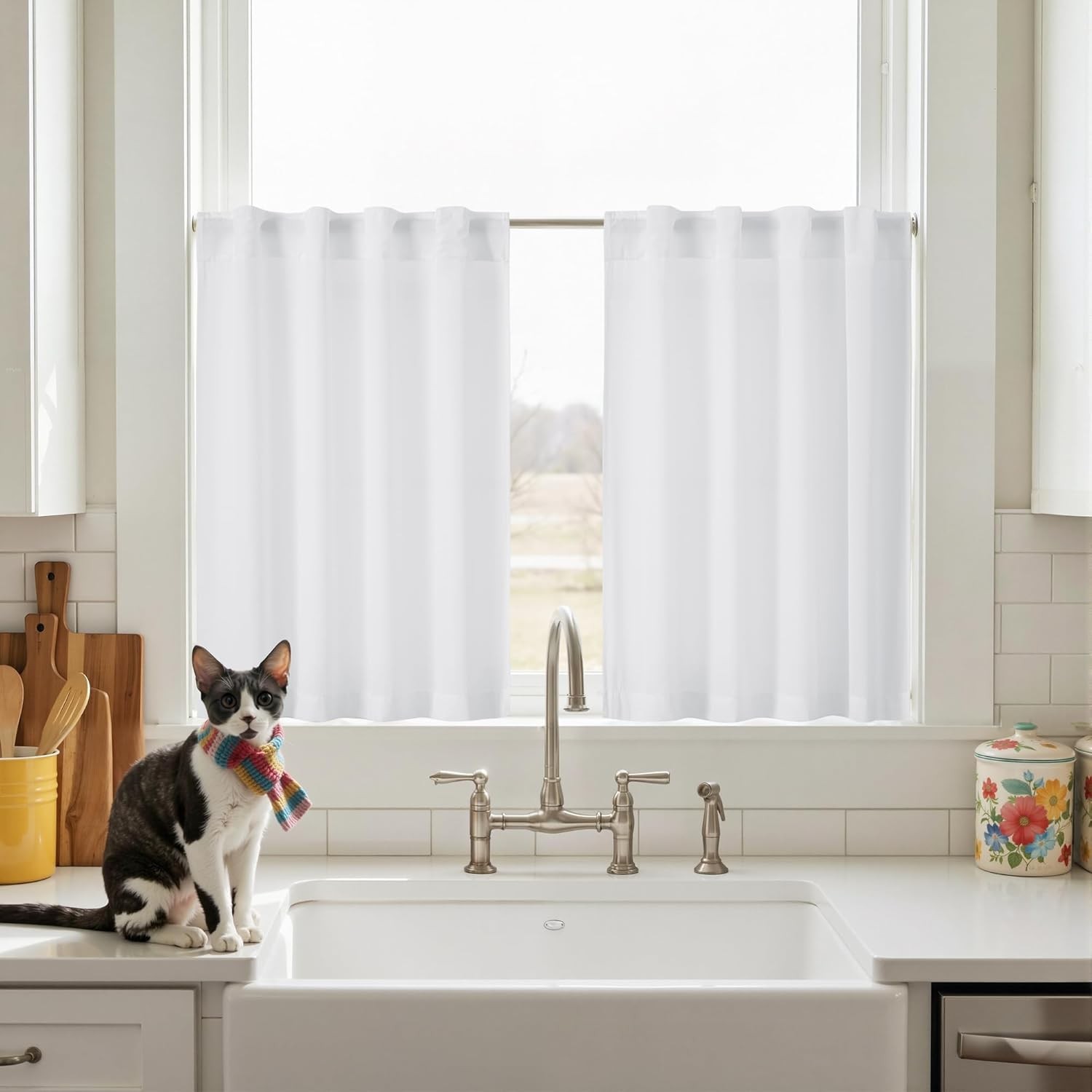Light Filtering White Kitchen Curtains 30 inches Long 2 Panels, Privacy Non-See