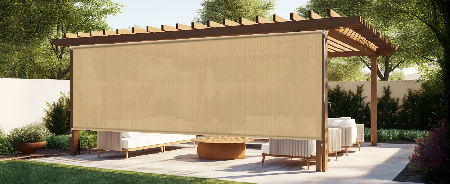 Outdoor Roller Shades with Splicing Design, 10′ W x 8′ H Exterior Cordless Patio