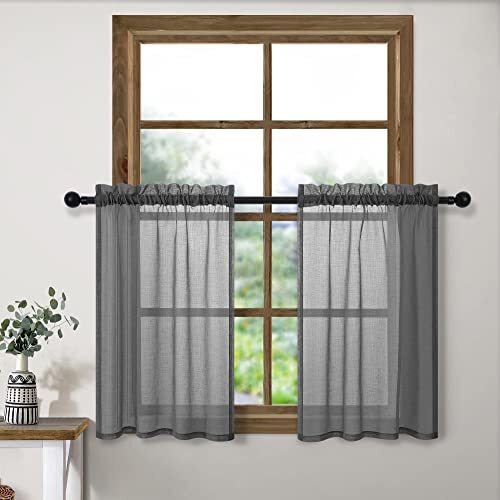 Grey Sheer Curtains 24 Inch Length for Small Windows Set 2 30×24 Dark Grey