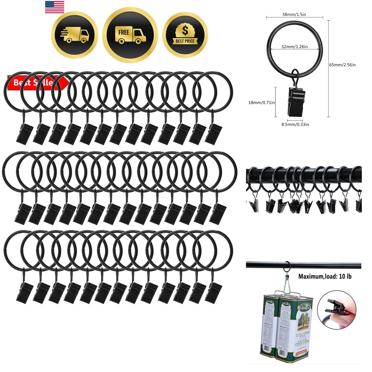 40 Pack Metal Curtain Rings with Clips, Drapery Clips with Rings, Curtain Han…