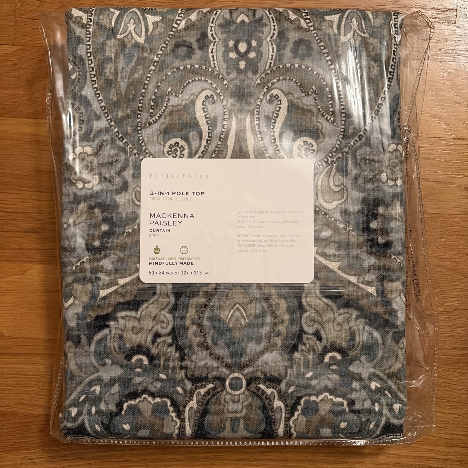 Pottery Barn Mackenna 3-in-1 Pole Top Curtain Panel 50×84 Blue Paisley New