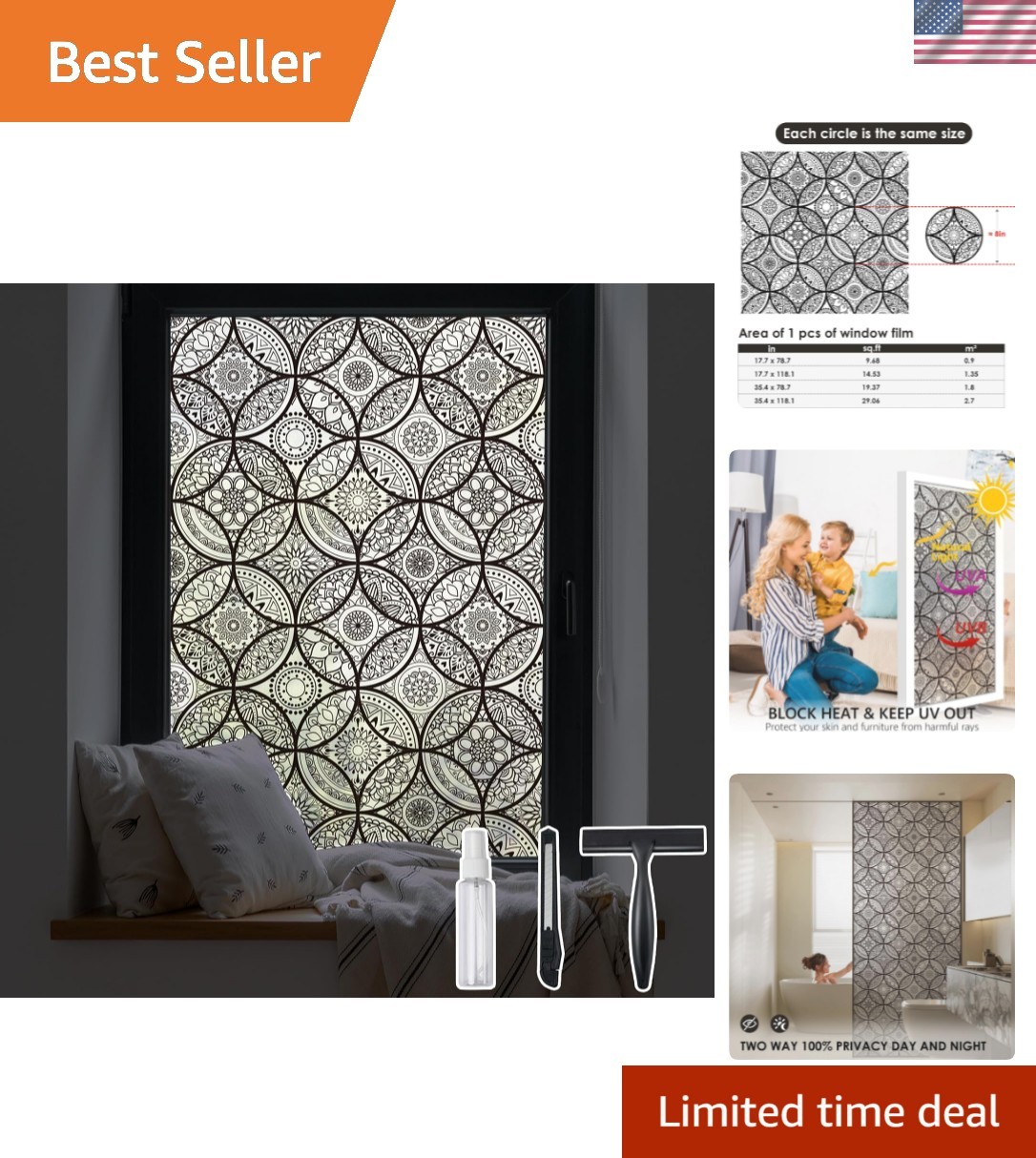 Boho Stained Glass Look Window Privacy Film with Installation Tools, Decorati…