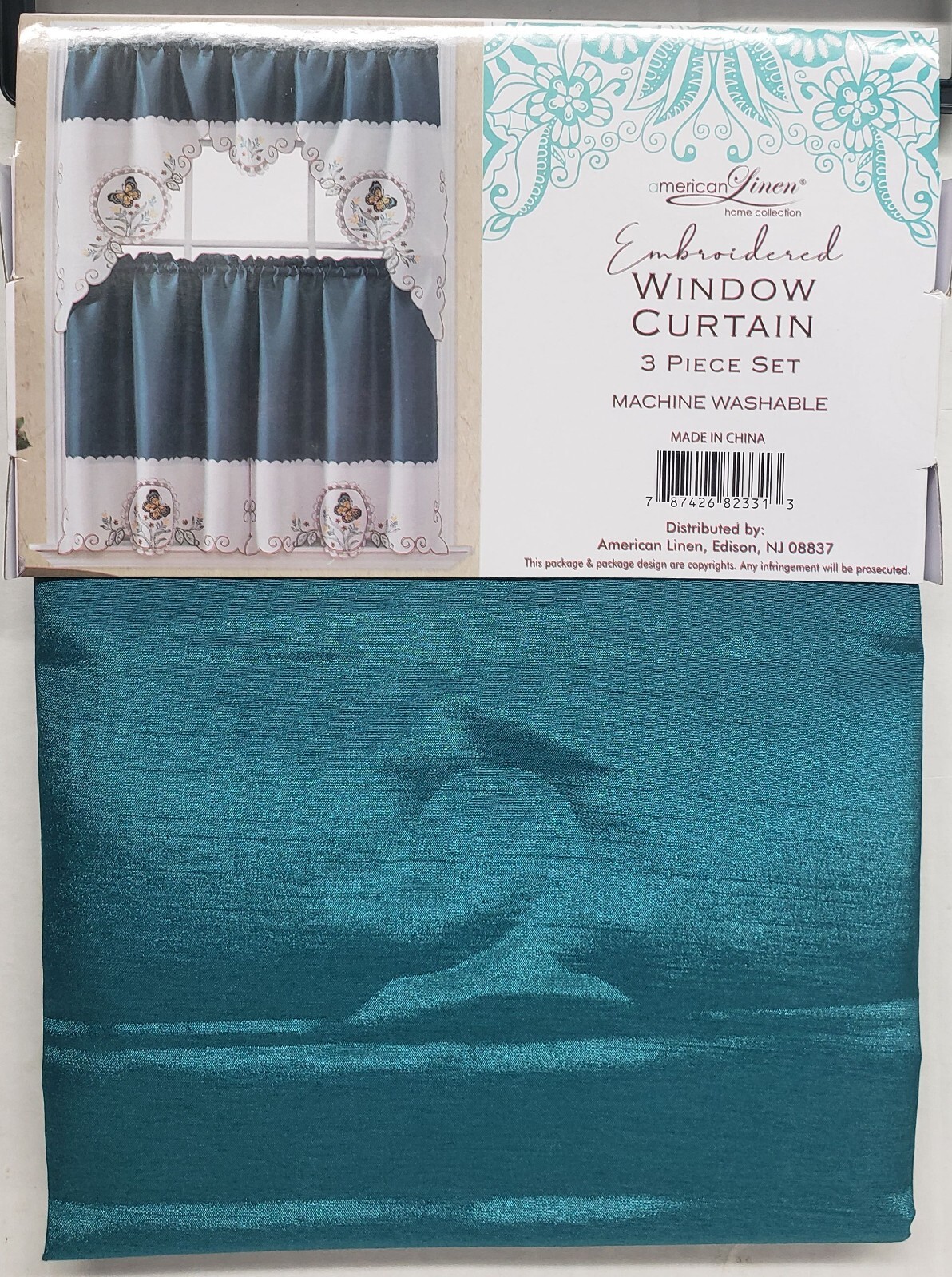3pc. Embroidery Curtains Set:2 Tiers & Swag (60″x36″) BUTTERFLIES, blue, AL