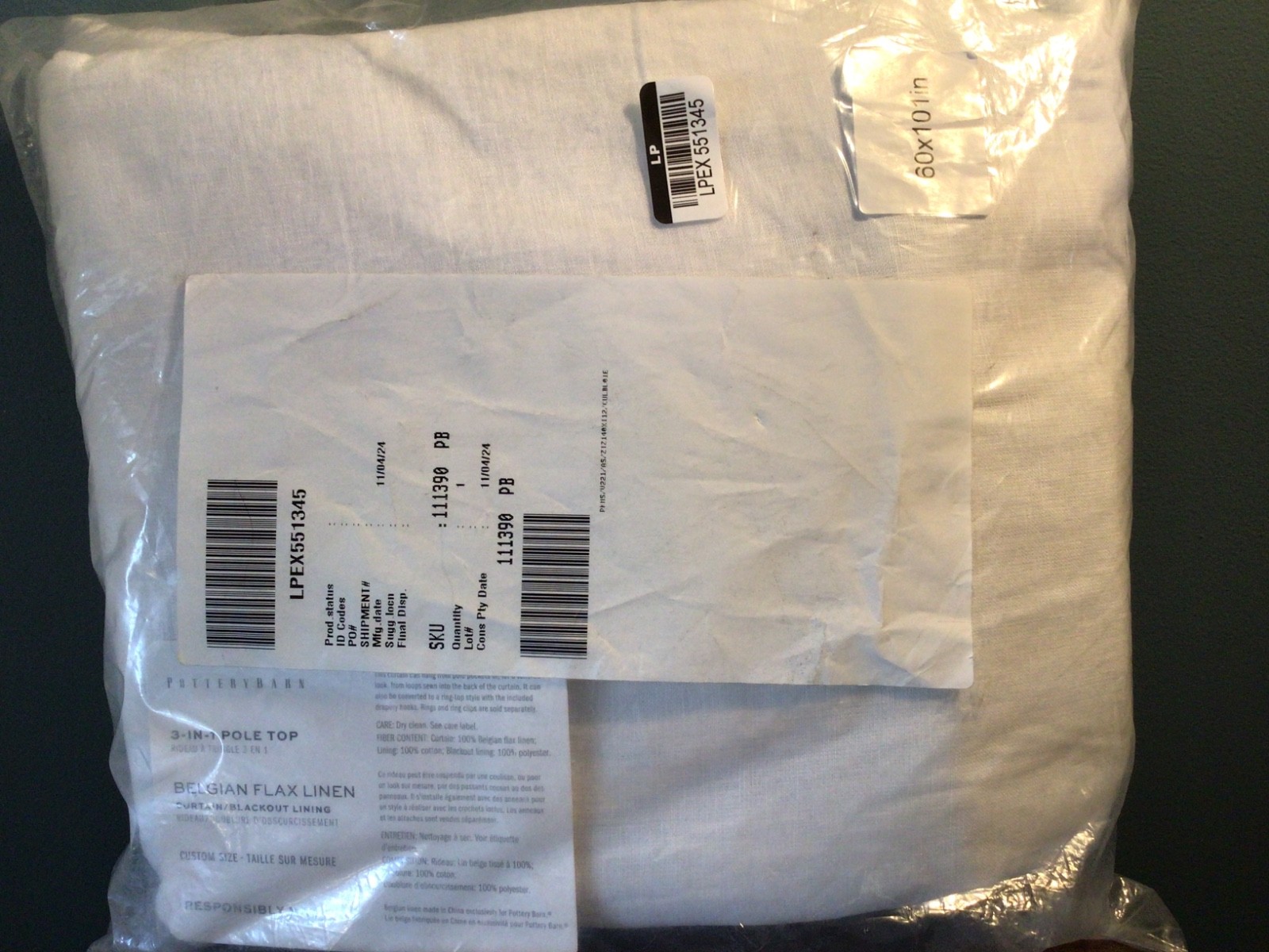 NWT Pottery Barn 60″ X 101″ 3 In 1 Pole Top Belgian Flax Linen Blackout Lined