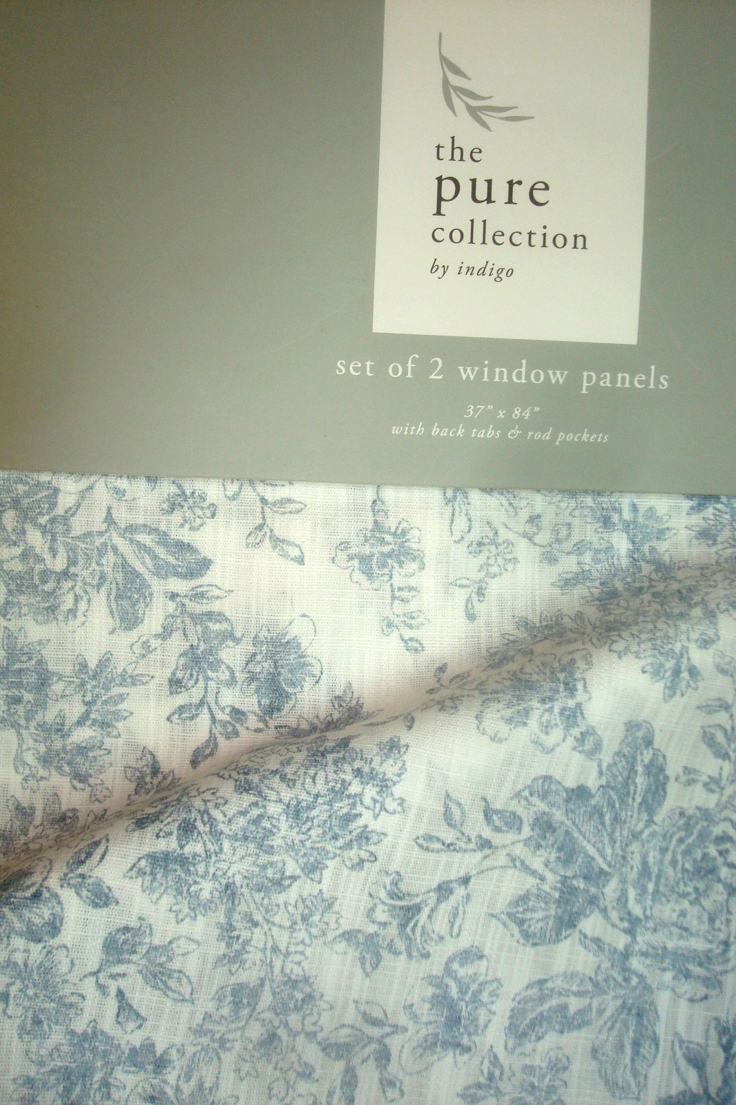 NWT Indigo Pure Collection 2 pc Window Curtain Panels Roses Toile Blue 84″ lg
