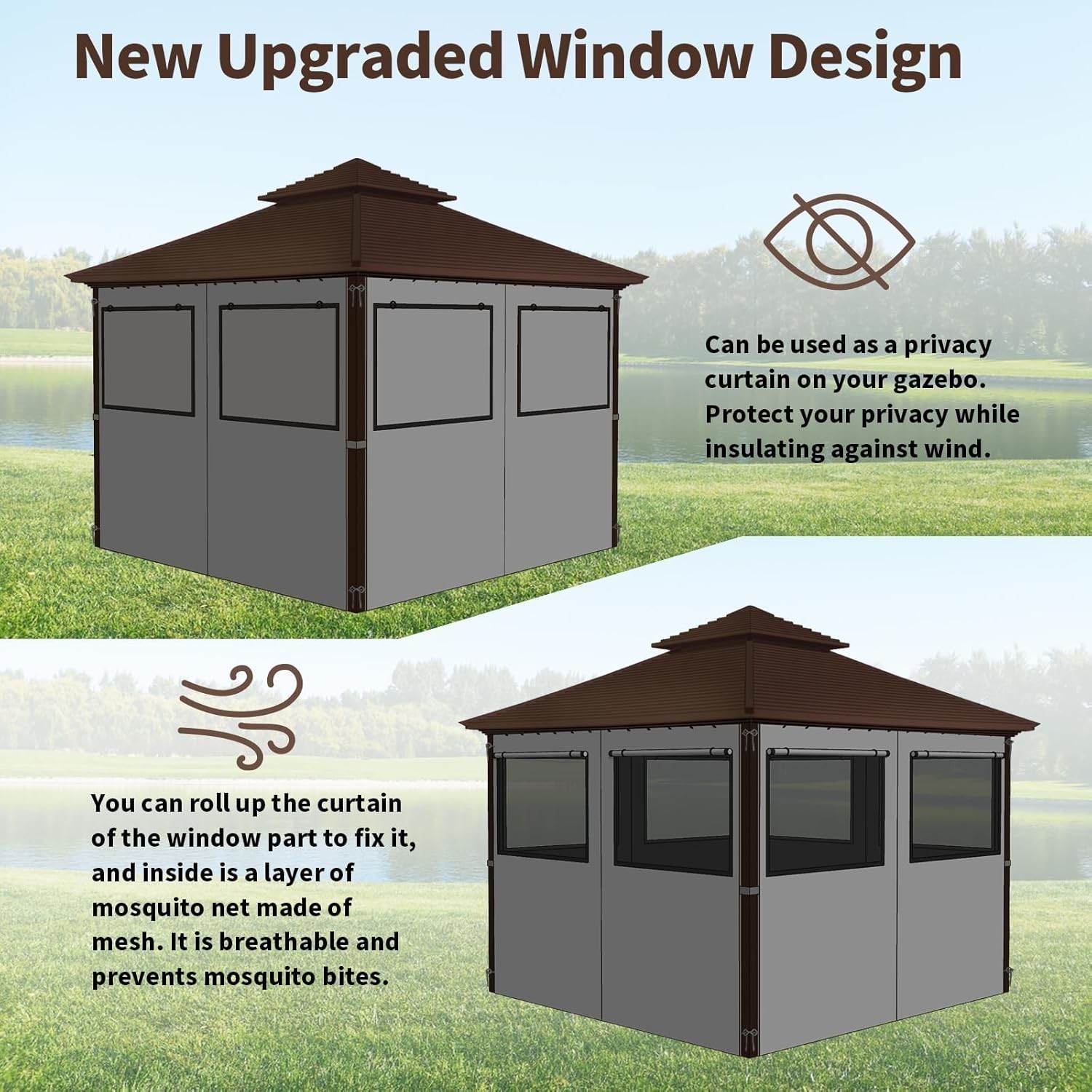 Universal 12’x12′ Waterproof Gazebo Privacy Curtains with Zipper & Mesh Windows