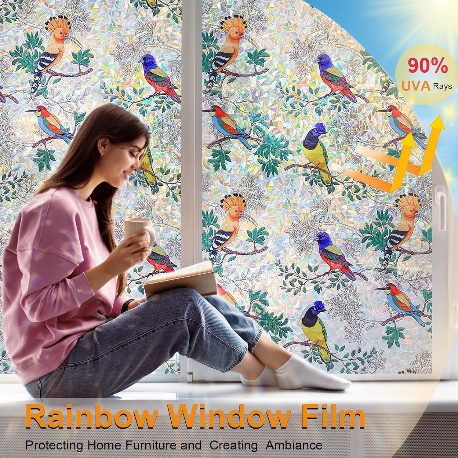 Decorative Reusable Window Privacy Film Colorful Birds on The Branch 35.4×157.4