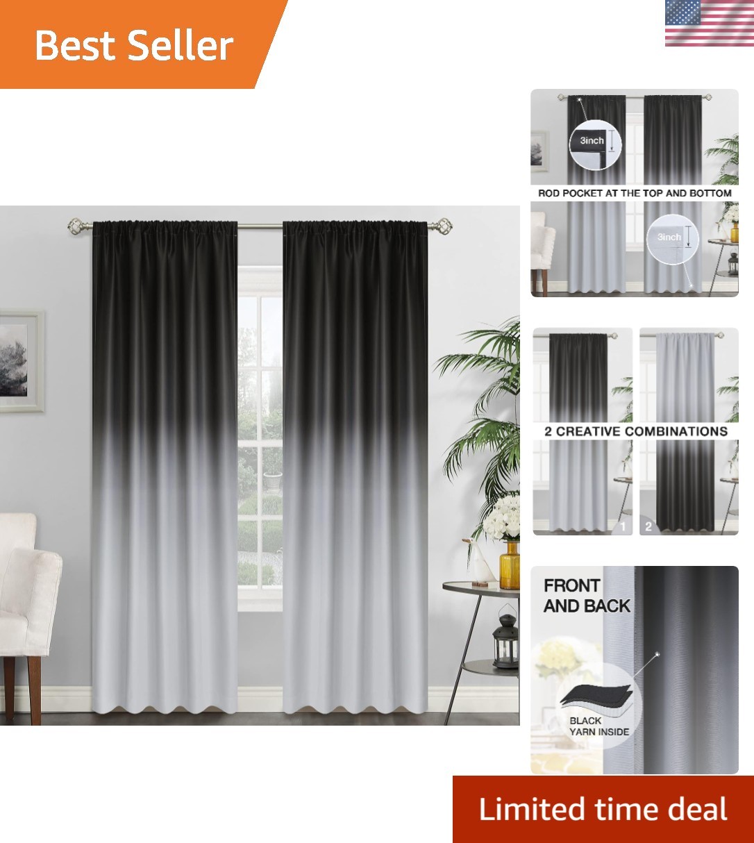 Ombre Room Darkening Curtains for Bedroom, Gradient Black to Grey White Light…
