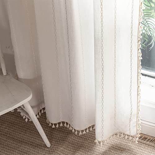 Boho Curtains 84 Inches Long for Bedroom Living 52″W x 84″L (Pack of 1) White
