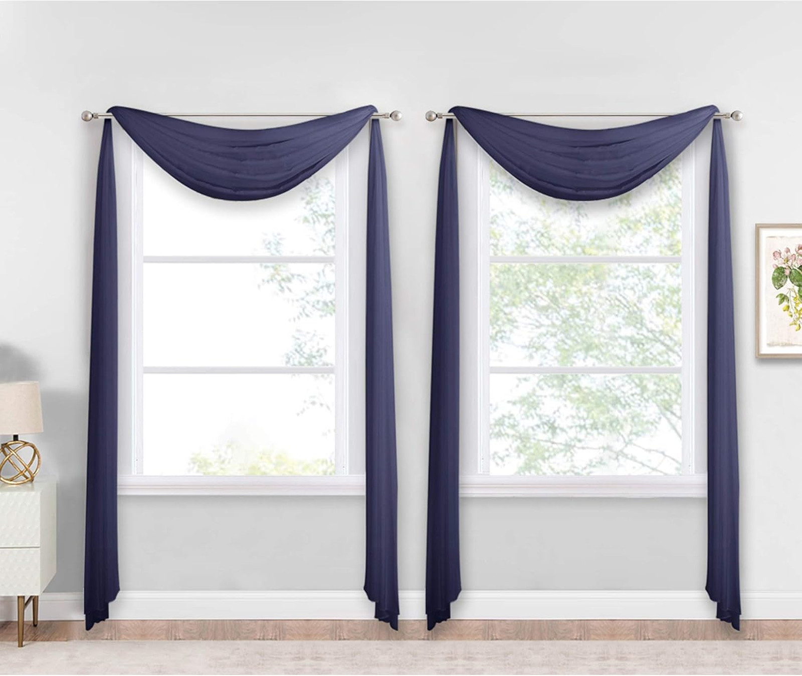 Dark Blue Sheer Window Scarves Set of 2 Voile Sheer Curtains for Kids Room Party