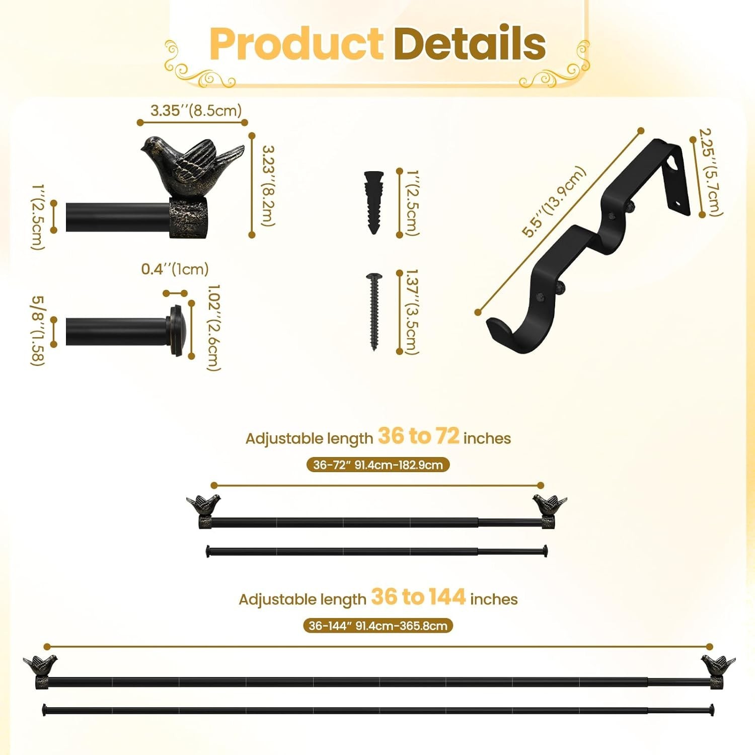 Double Curtain Rod with Bird Finial, Decorative Window Treatment Hardware Bla…