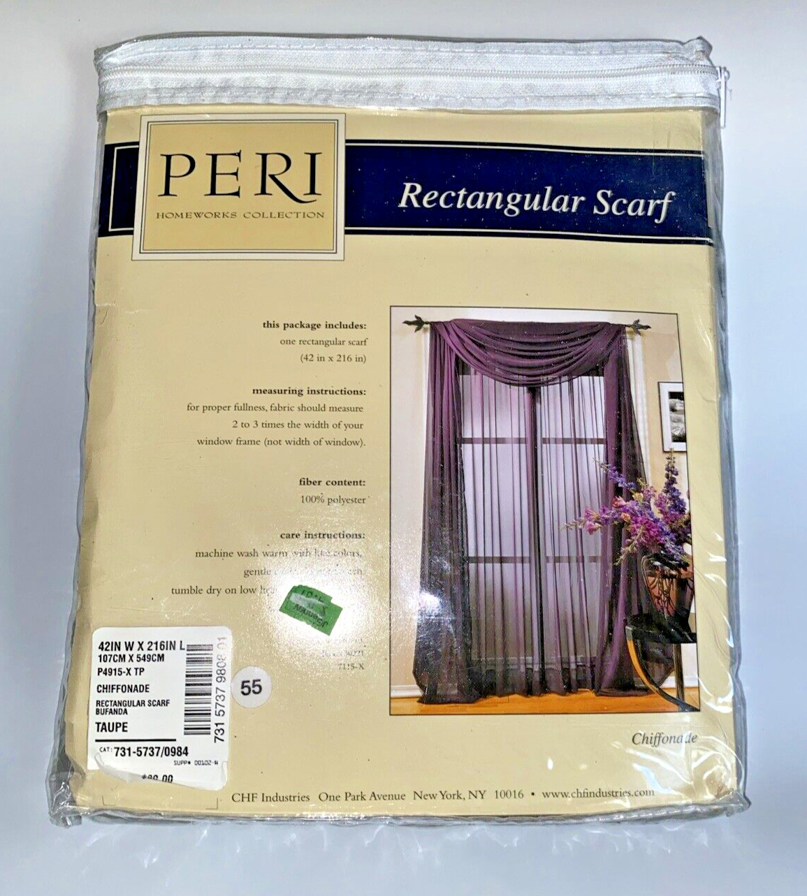 Peri Homeworks Collection. Rectangular Scarf Curtain 42×216 Chiffonade Taupe NEW
