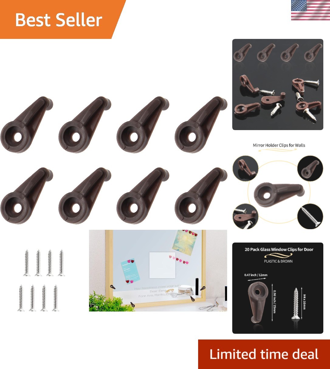 Brown Plastic Retainer Clips – 20 Pack for Mirrors & Glass Panels Fixed Securely