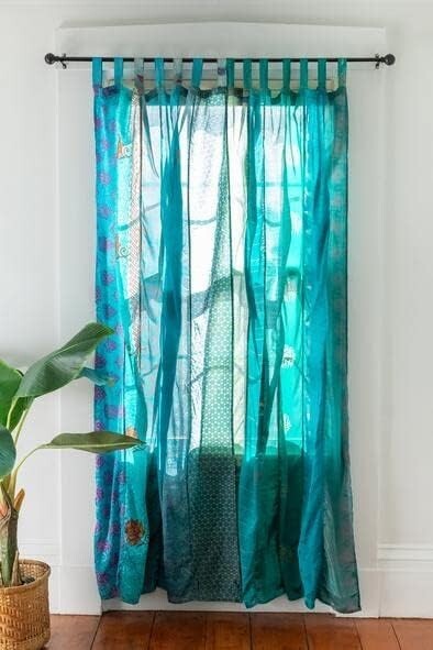 10 PCS Indian Sari Patchwork Curtain Drape Window Decor Turquoise Silk Curtain