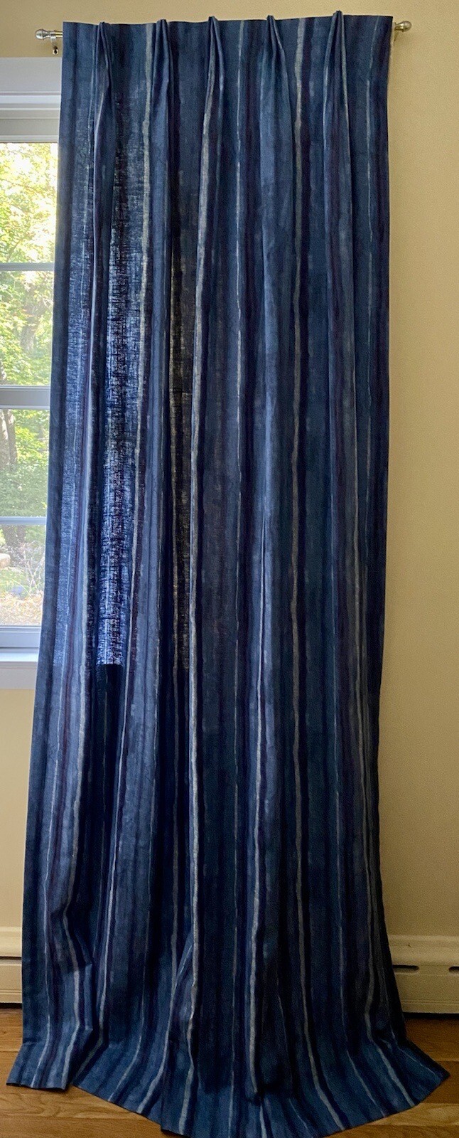 PAIR Custom DESIGNER Linen Indigo Blue Stripes Lined Panels DRAPES 91”x24”NEW