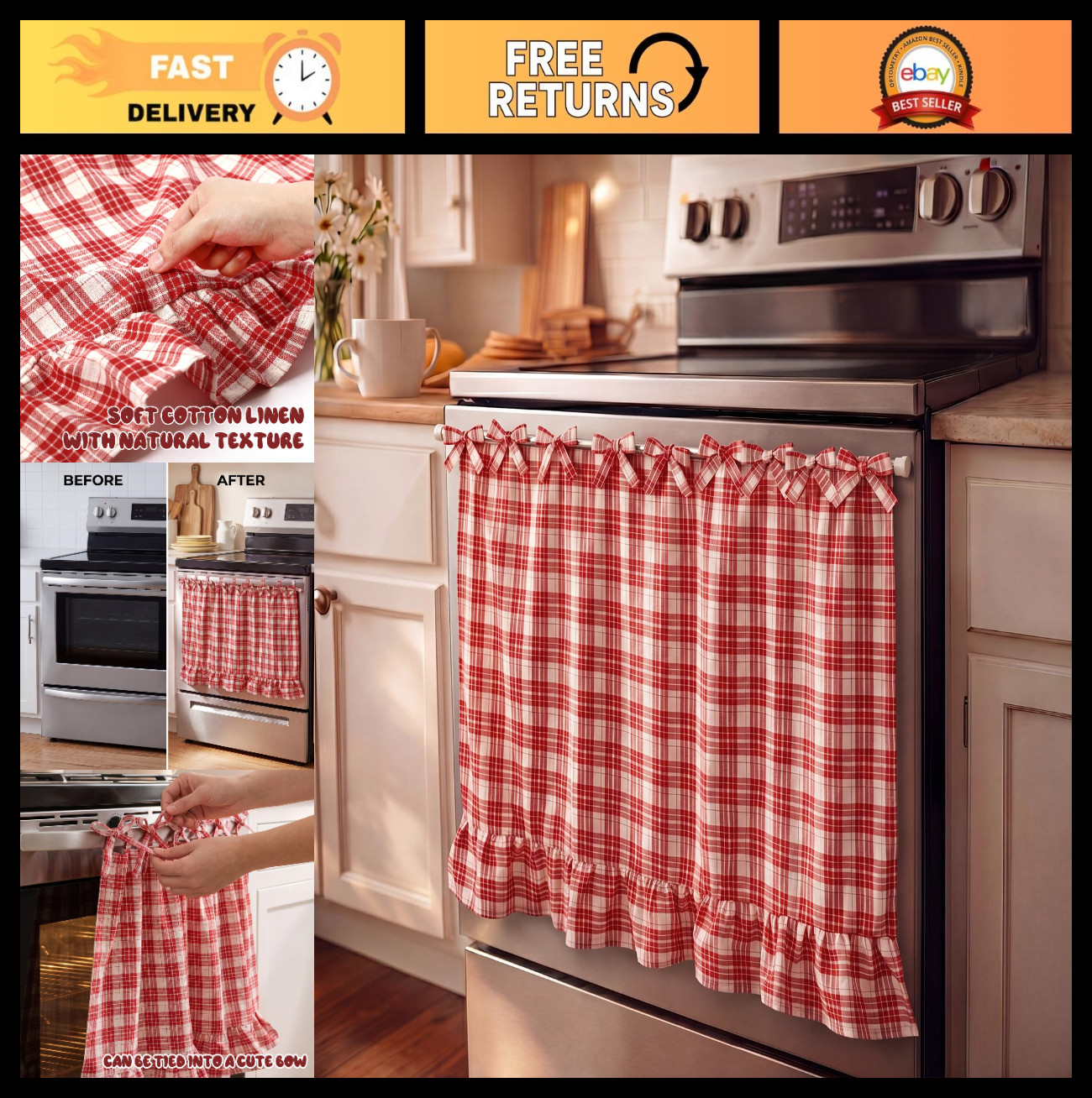 Rustic Oven Skirt Curtain 22×31″ Red & White Checkered Cotton Blend Tie Top Deco