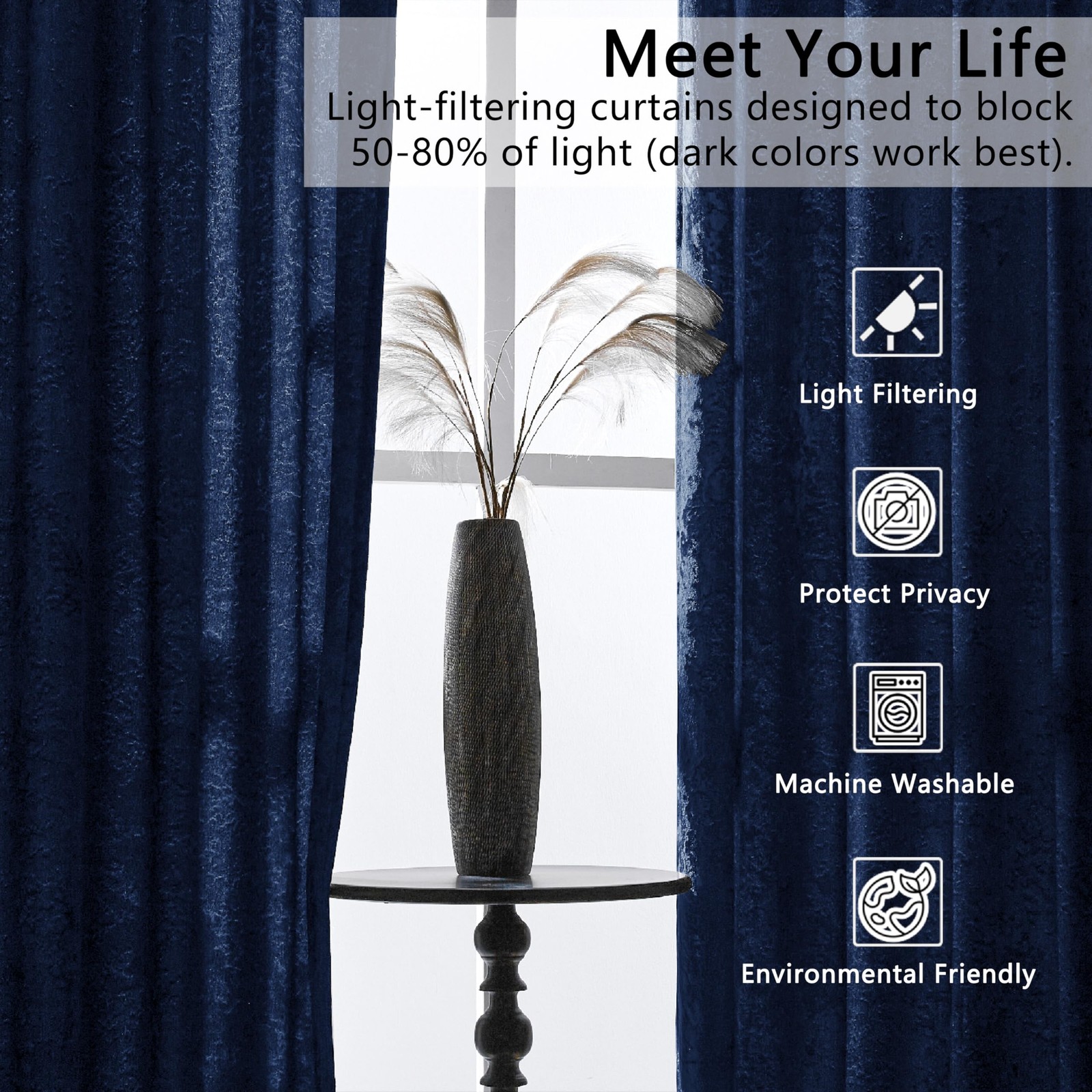 Smiletime Navy Blue Crushed Velvet Curtains 52X108Inch Rod Pocket Luxurious