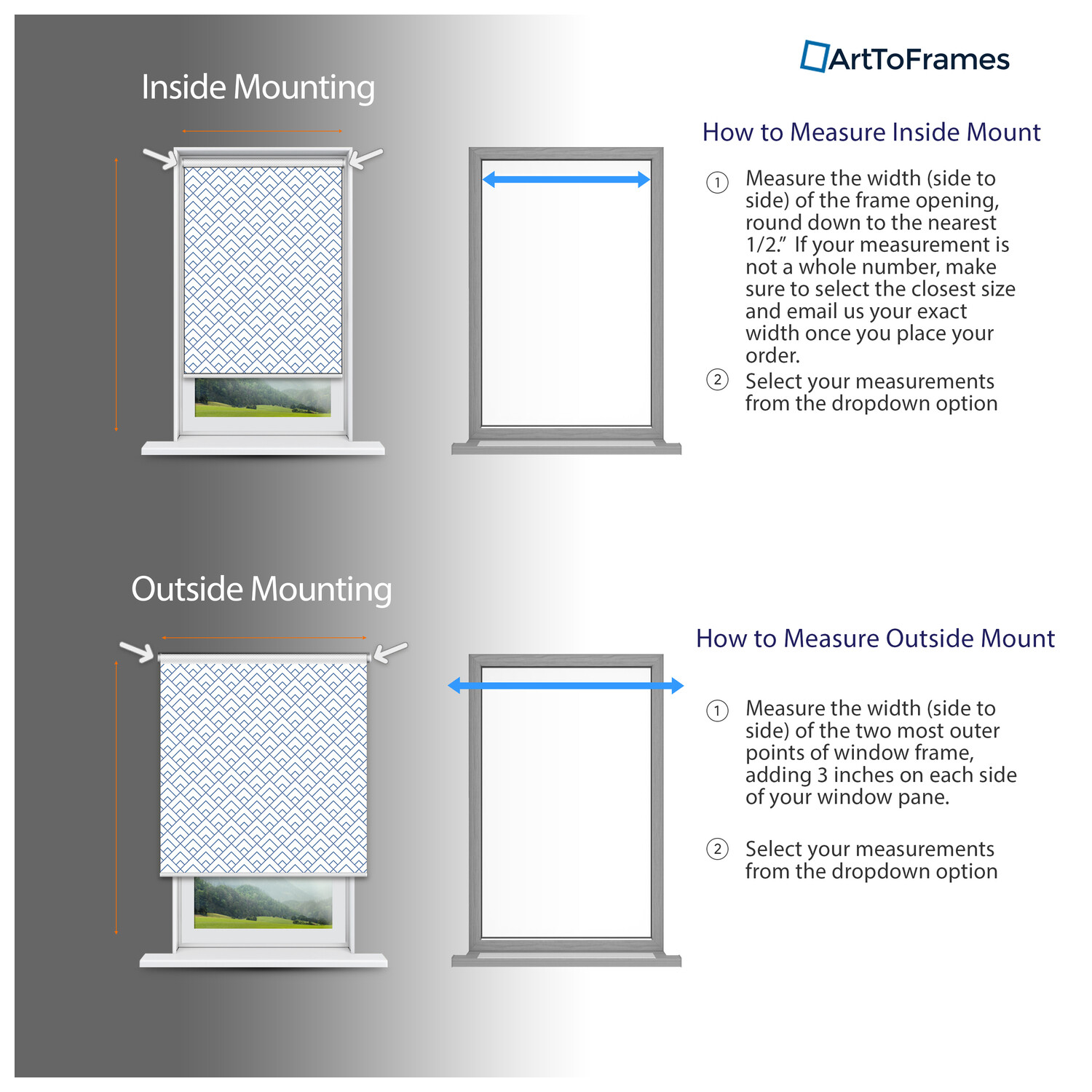 ArtToFrames Custom Window Shade – Blackout Peaks Modern White Navy Design Revers