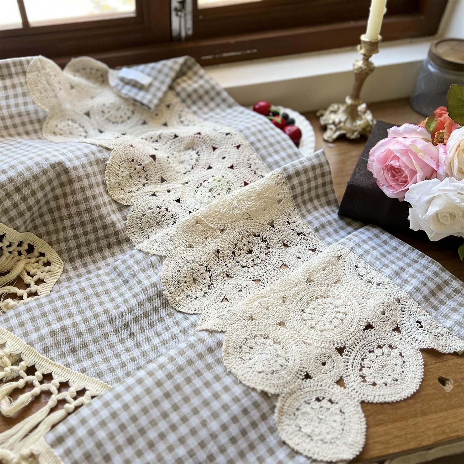 Boho Macrame Linen Knitted Lace Curtain Valance for Window Kitchen